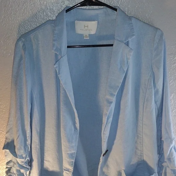 Light Blue H Halston Linen Blend Blazer with Ruffled Sleeves M - Picture 2 of 6